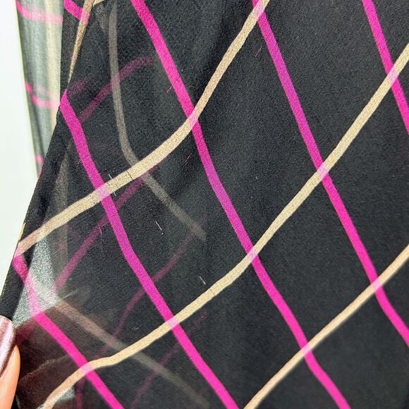 Milly Sioane Windowpane Print Silk Chiffon Top Black Pink Blouse Sheer Sleeves L - Picture 13 of 16